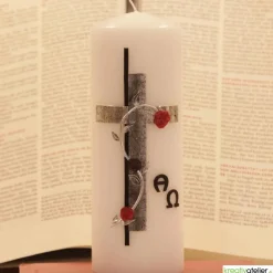 Trauerkerze Alpha Omega mit Kreuz in antik silber, Gedenkkerze, Trauerkerze personalisiert, Kerze zum Gedenken
