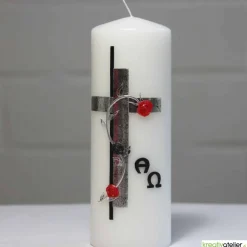 Trauerkerze Alpha Omega mit Kreuz in antik silber, Gedenkkerze, Trauerkerze personalisiert, Kerze zum Gedenken
