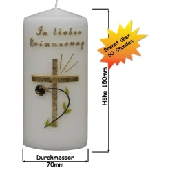Trauerkerze/Gedenkkerze, klein in elfenbein „In lieber Erinnerung“, gold/schwarz, Echtwachsbeschriftung, Trauerkerze