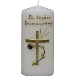 Trauerkerze/Gedenkkerze, klein in elfenbein „In lieber Erinnerung“, gold/schwarz, Echtwachsbeschriftung, Trauerkerze