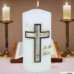 Trauerkerze/Gedenkkerze, klein in elfenbein „In stiller Trauer“, schwarz/gold, Echtwachsbeschriftung,