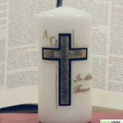 Trauerkerze/Gedenkkerze, klein in elfenbein „In stiller Trauer“, schwarz/gold, Echtwachsbeschriftung,