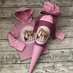traumhaftes Set zur Einschulung Schultüte & Shirt gr.122/128 Pferde Rosa