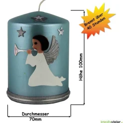 türkise Weihnachtskerze mit Trompetenengel