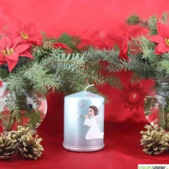 türkise Weihnachtskerze mit Trompetenengel