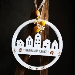 Türkranz Häuserkranz Loop – Handgemachter Fensterkranz mit Trockenblumen und Keramik, 18 cm