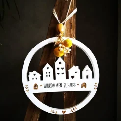 Türkranz Häuserkranz Loop – Handgemachter Fensterkranz mit Trockenblumen und Keramik, 18 cm