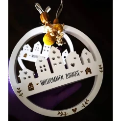 Türkranz Häuserkranz Loop – Handgemachter Fensterkranz mit Trockenblumen und Keramik, 18 cm