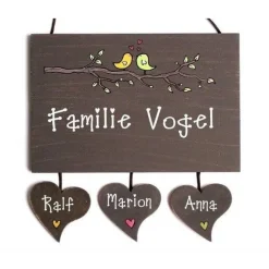 Türschild aus Holz für Familien und Paare, personalisiert mit Namen, Holzschild verliebte Vögel, individuelles Haustürschild, braunes Holztürschild, handgemacht, originell & besonders