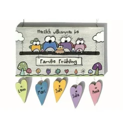 Türschild aus Holz mit Eulen handgemalt, Holzschild mit Namen personalisiert, buntes Haustürschild / Familienschild / Willkommensschild, Schild für Wohnungstür und Hauseingang