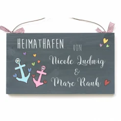 Türschild Familie aus Holz mit Name personalisiert - exklusives Hochzeitsgeschenk für das Brautpaar - besonderes Geschenk zum Hochzeitstag - individuelles Haustürschild maritim mit Anker