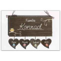 Türschild Familie aus Holz mit Name personalisiert – Handgemalt & Wetterfest – besonderes Geschenk für jeden Anlass - Holzschild mit Eulen - dekoratives Haustürschild