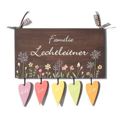 Türschild Familie aus Holz mit Name personalisiert – Handgemalt & Wetterfest – einzigartiges Geschenk für jeden Anlass - Holzschild mit Blumenmotiv - dekoratives Haustürschild