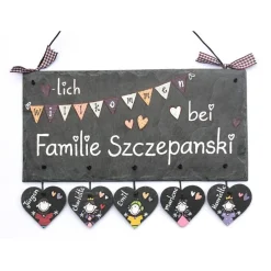 Türschild Familie aus Schiefer handgemalt mit Wimpelkette Willkommen - wetterfestes Haustürschild für Wohnungstür und Hauseingang - einzigartiges Familiengeschenk