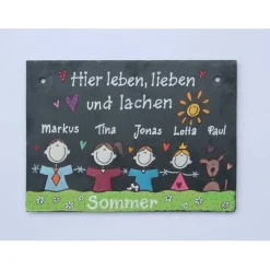 Türschild Familie aus Schiefer mit Name und Figuren personalisiert - wetterfestes Schieferschild handgemalt - handgemachtes Familienschild für Haus und Wohnung - exklusives Geschenk