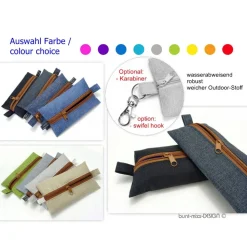 Täschchen Outdoorstoff jeansblau sand ZIPPER cognac-braun, Inhalator Kopfhörer, Männergeschenk, BuntMixxDESIGN