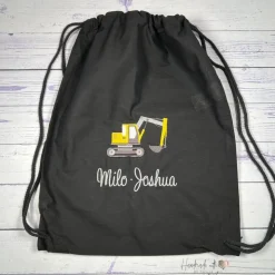 Turnbeutel mit Bagger & Namen bestickt I personalisierter Stoffbeutel I Kita-Beutel in verschiedenen Farben