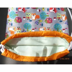 Turnbeutel mit beschichtetem Innenfutter, Kinderrucksack, Schwimmbeutel Fuchs + Eule