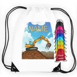 Turnbeutel Motiv Bagger mit Name / personalisierbar / verschiedene Farben