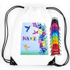 Turnbeutel Motiv Kolibri mit Name / Vogel / Orchidee / personalisierbar / verschiedene Farben