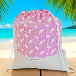 Turnbeutel Rucksack pink mit Flamingos aus Baumwolle & Kunstleder – ideal für Sport, Kita & Freizeit