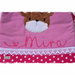 Turnbeutel-/Rucksack pink/weiß mit Doodlestickerei Bärenkopf und Wunschname