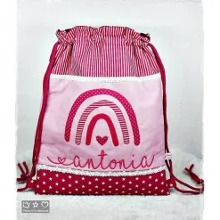 Turnbeutel-/Rucksack pink/weiß mit Doodlestickerei Regenbogen und Wunschname