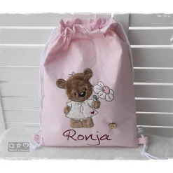 Turnbeutel/Rucksack rosa Bärli mit Blume und Wunschname