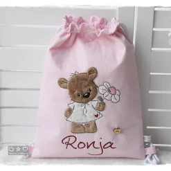 Turnbeutel/Rucksack rosa Bärli mit Blume und Wunschname