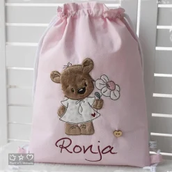 Turnbeutel/Rucksack rosa Bärli mit Blume und Wunschname