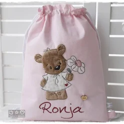 Turnbeutel/Rucksack rosa Bärli mit Blume und Wunschname