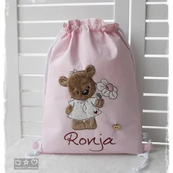 Turnbeutel/Rucksack rosa Bärli mit Blume und Wunschname