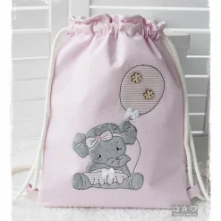 Turnbeutel/Rucksack rosa mit Doodlestickerei Elli Elefant und Wunschname
