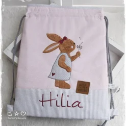 Turnbeutel/Rucksack rosagrau Hasenmädchen mit Pusteblume und Wunschname