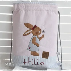 Turnbeutel/Rucksack rosagrau Hasenmädchen mit Pusteblume und Wunschname