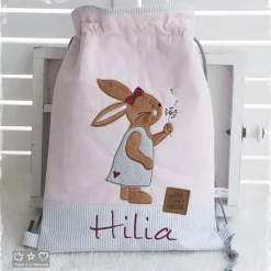 Turnbeutel/Rucksack rosagrau Hasenmädchen mit Pusteblume und Wunschname