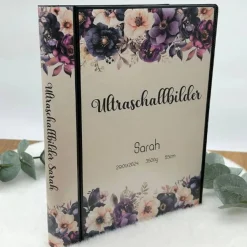 Ultraschallbilder Mappe lila Blumen – Personalisiertes Ultraschallalbum als Geschenk zur Schwangerschaft