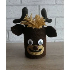 Umhäkelte Blechdose zur Aufbewahrung von vielen Dingen - Rentier mit Kulleraugen