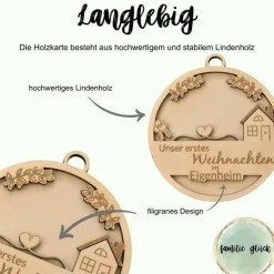 Unser erstes Weihnachten im Eigenheim Christbaumkugel aus Holz in 3D Optik für Bauherren, Andenken an erstes Weihnachten