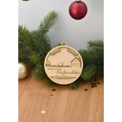 Unser erstes Weihnachten im Eigenheim Christbaumkugel aus Holz in 3D Optik für Bauherren, Andenken an erstes Weihnachten
