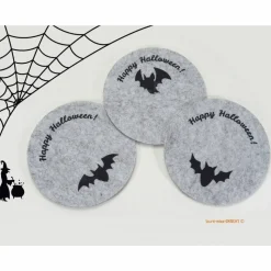 Untersetzer Glasuntersetzer Filz hellgrau, Happy Halloween Fledermaus, Tischdekoration Party, handmade BuntMixxDESIGN