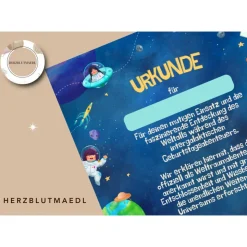 Urkunde als Mitgebsel für den Kindergeburtstag | Geschenktüte für Kinder | Rakete | Weltall | Weltraumparty