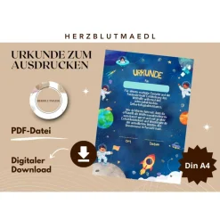 Urkunde als Mitgebsel für den Kindergeburtstag | Geschenktüte für Kinder | Rakete | Weltall | Weltraumparty