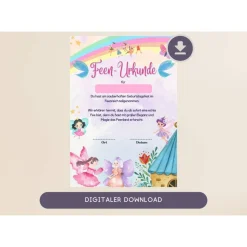 Urkunde Fee für Kindergeburtstagsgäste | Mitgebsel für die Feenparty A4 | Feenreich | Urkunden ausdrucken | DIY