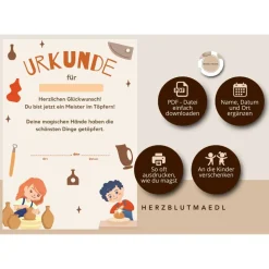 Urkunde zum Ausdrucken - Töpfern mit Kindern Set | Perfektes Mitgebsel für den Kindergeburtstag
