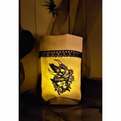 Utensilo Lichtbeutel Vasenhusse Rabe Schädel gestickt Leinen Spitze Halloween