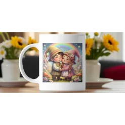 Verliebte Wichtel Keramikbecher 325ml – Liebevolles Geschenk mit Regenbogen & Blüten