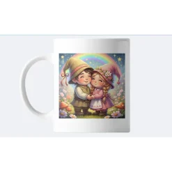 Verliebte Wichtel Keramikbecher 325ml – Liebevolles Geschenk mit Regenbogen & Blüten