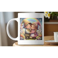 Verliebte Wichtel Keramikbecher 325ml – Liebevolles Geschenk mit Regenbogen & Blüten