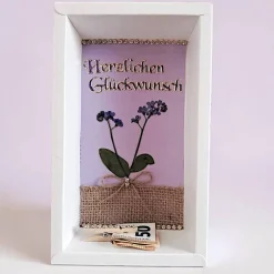 Verpackung für Geldgeschenk – Geschenkbox mit Vergißmeinicht, Herzlichen Glückwunsch, Unikat Geschenkverpackung